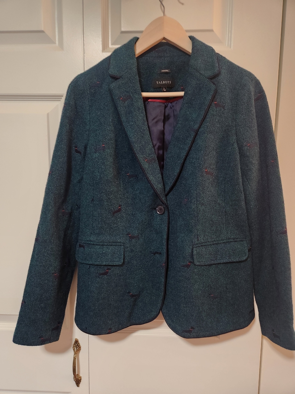 Talbots Green Herringbone Notch-Lapel Wool Blend Blazer Adorable Dachshund Print